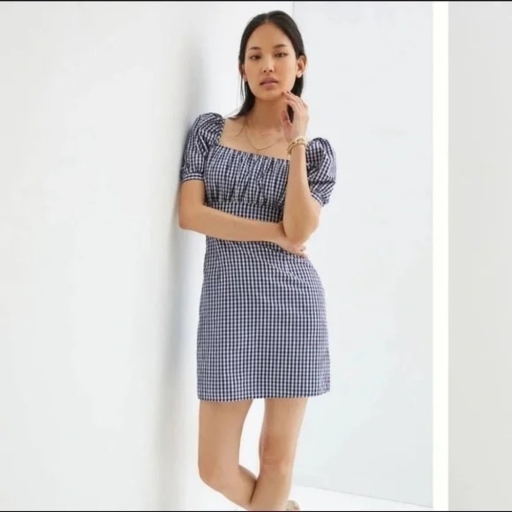 Forever That Girl Anthropologie navy Gingham poof sleeved dress Size Medium